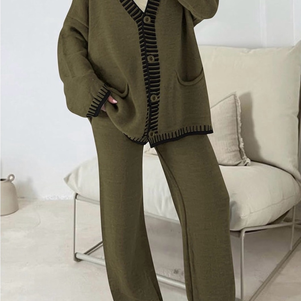 Wide-Leg Knit Pants in Olive - Relaxed Women's Lounge Trousers